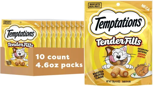 Temptations Tender Fills - Golosinas crujientes y suaves para gatos adultos, sabor pollo asado, bolsa de 4.6 onzas (paquete de 10)