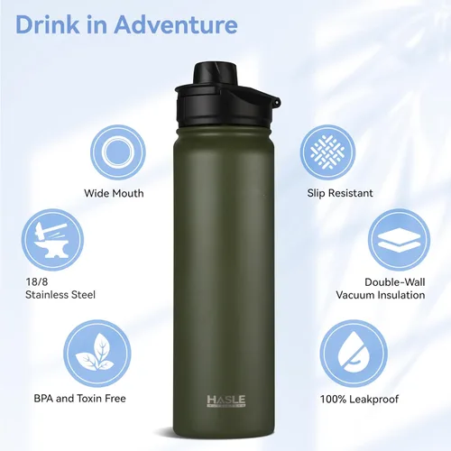 Miniatura 2 de HASLE OUTFITTERS Botella de agua aislada de 22 onzas, botella de agua de acero inoxidable de doble pared de boca ancha con tapa de popote y tapa