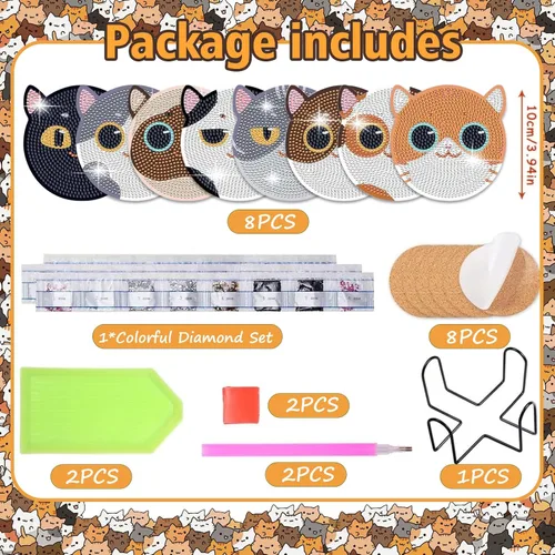 Miniatura 2 de FOWSEEK Posavasos de Pintura de Diamantes, 8 PCS Posavasos de Arte de Diamante de Gato con Soporte, Lindos Kits de Pintura de Diamantes para Adultos
