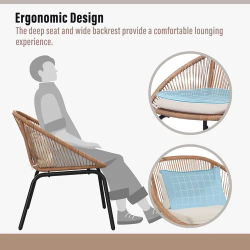 Miniatura 6 de LAUSAINT HOME Juego de 3 piezas para conversación de patio, muebles de mimbre para todo tipo de clima, con 2 sillas anchas y mesa auxiliar, perfecto