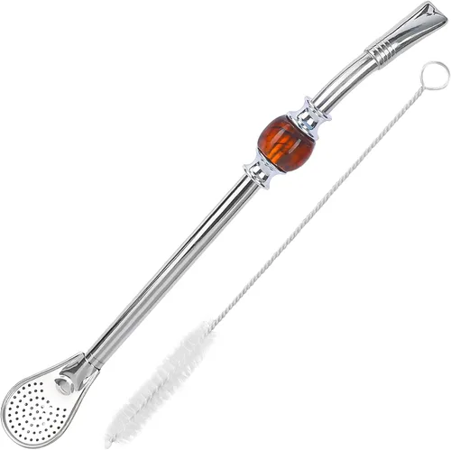 Miniatura 21 de Pajitas de yerba mate de alta calidad, popotes reutilizables de acero inoxidable con cuentas de colores, juego con filtro de cabeza extraíble Marrón