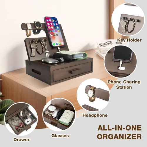 Miniatura 3 de Organizador de mesita de noche de madera maciza, estación de acoplamiento, regalos para hombres, hecho de cedro, organizador versátil de mesita