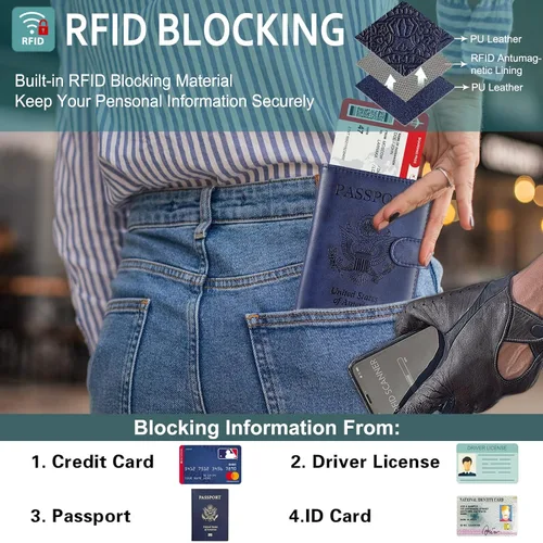 Miniatura 3 de RSAquar Combo de portatarjetas de pasaporte y vacunación, funda para pasaporte, funda de cuero para tarjetas, accesorios de viaje con bloqueo RFID