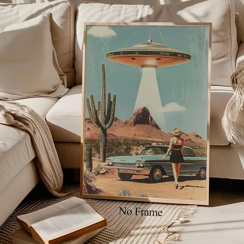 Miniatura 4 de Lienzo de paisaje del desierto para pared, póster de platillo volador, imagen retro de los años 70, estilo de los años 70, arte de pared vintage