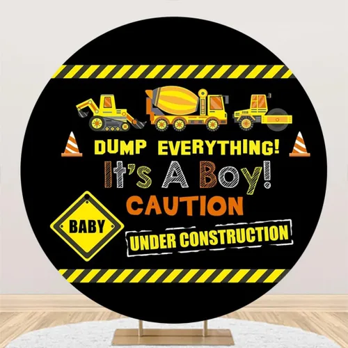 Miniatura 8 de Diámetro de 6 pies de construcción temática de cumpleaños, cubierta redonda de telón de fondo para excavadora grúa constructor camión volquete fondo