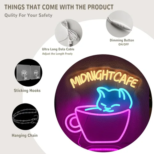 Miniatura 3 de Letrero de neón de café para decoración de pared, luz de neón de gato, luz de neón de medianoche, luces LED de neón coloridas para cafetería