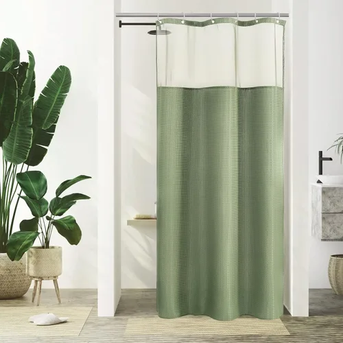 Miniatura 27 de Gibelle Juego de cortina de ducha de tejido gofre con ventana superior de malla y ganchos, cortina de ducha de tela estilo spa para baño, beige, 72