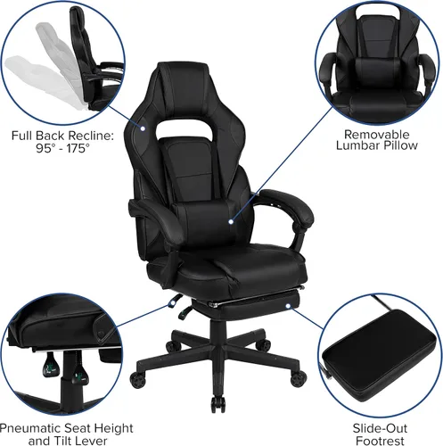 Miniatura 4 de EMMA + OLIVER Silla ergonómica negra para videojuegos, respaldo/brazos, reposapiés, masaje lumbar