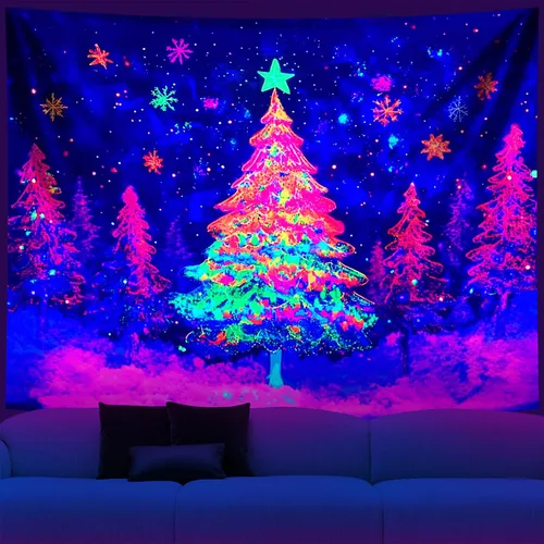 Miniatura 23 de NYZE - Tapiz de Navidad con Papá Noel, tapiz de luz negra que brilla en la oscuridad, colgante de pared, banner festivo, decoración para fiesta