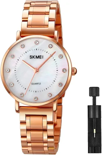 SKMEI Women Watches Diamond Big Face Thin Slim Stainless Luxury Fashion Analog Quartz Waterproof Dress Casual Simple Ladies Female Rose Gold