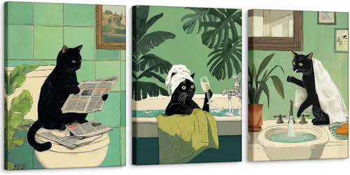 Arte de Pared de Lienzo de Gato Negro Divertido para Baño, Lindo Estampado de Animales para Cuarto de Baño Inodoro Leyendo Periódico Humor