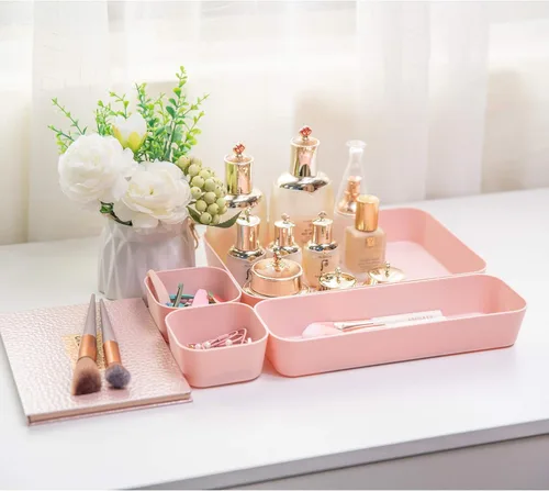 Miniatura 6 de Backerysupply Juego de 12 organizadores de cajones de escritorio de plástico de color rosa para maquillaje, baño, oficina, cocina, cajón, caja