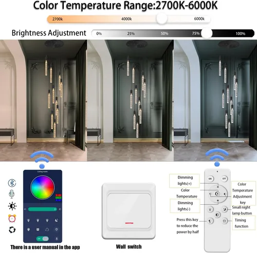 Miniatura 5 de Flashing God Candelabro LED moderno, 10 luces negras regulables, lámpara colgante con control remoto de techo alto para escalera, sala de estar
