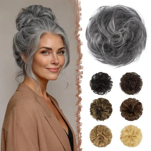 Miniatura 16 de FESHFEN Moños Desordenados Humanos - Moño de Cabello Humano 100% Real Coleteros Scrunchies Piezas de Cabello Extensiones de Cola de Cabello Ondulado