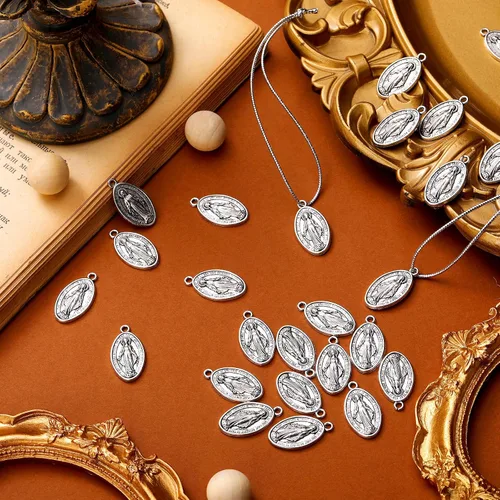 Miniatura 6 de Ferreve 48 piezas de colgante de medalla de Virgen María de 1 pulgada, collar ovalado de plata con colgante de Virgen María, medallas religiosas