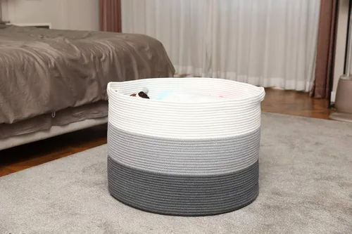 Miniatura 2 de Cesta de cuerda de algodón grande de 24 x 24 x 17 pulgadas, cesta de almacenamiento extragrande, cesta de lavandería tejida, contenedor de Gris/Gris