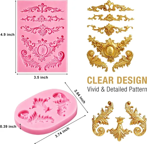 Miniatura 4 de Moldes de silicona para fondant, paquete de 3 moldes de fondant barrocos 3D, bordes de desplazamiento, moldes de silicona de encaje para curvas