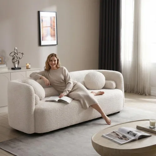 Miniatura 11 de Sofá curvado compacto de 69 pulgadas para espacios pequeños y apartamentos, sofá boucle de estilo japonés, sofá minimalista de 2 plazas con marco