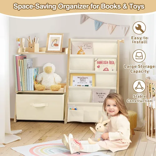 Miniatura 4 de Estantería infantil y organizador de juguetes 2 en 1, estante para libros para habitaciones de niños con cubo de juguetes móvil, estante de 4 Beige