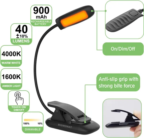 Miniatura 2 de BIGMONAT Luz LED de lectura de libros, luz nocturna de libro ámbar recargable, cuello flexible portátil, USB, brillo ajustable, reduce la fatiga 1