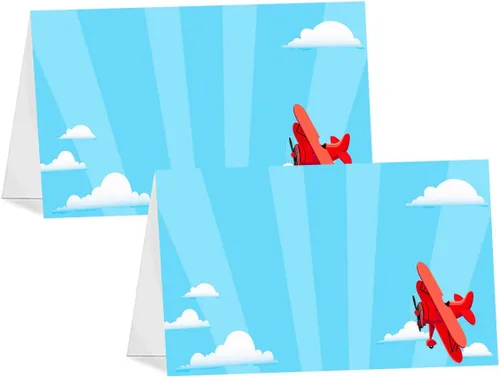 Avión rojo - 12 tiendas de campaña de mesa - Tarjetas de bufé de avión - Tarjetas de lugar de avión - Decoraciones de arriba y lejos - Decoraciones