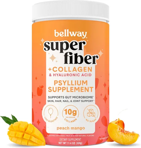 Bellway Polvo súper fibra + colágeno, polvo de cáscara de psyllium sin azúcar con péptidos de colágeno y ácido hialurónico para la salud digestiva,