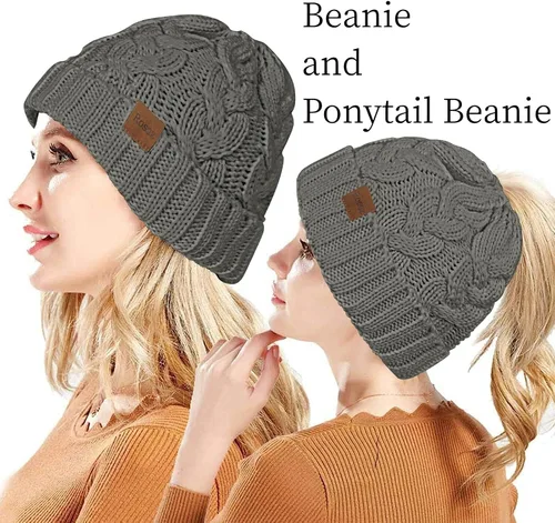 Miniatura 2 de Rosoz Gorro de cola de caballo para mujer, gorro cálido de invierno, suave, elástico, de punto trenzado, para moño alto
