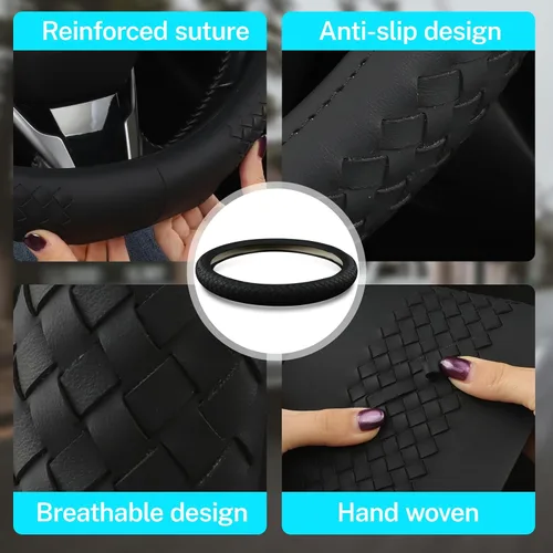 Miniatura 3 de Cubierta de volante de cuero para hombres, con patrón tejido negro, accesorios para auto, antideslizante, segura, suave, transpirable, adaptable a