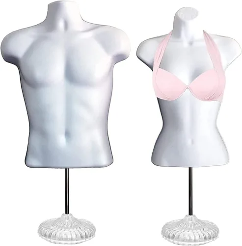 Miniatura 36 de Torso de maniquí masculino y femenino con soporte de metal, cuerpo hueco en la espalda, forma de vestido apilable para exhibición de camisetas, Gris