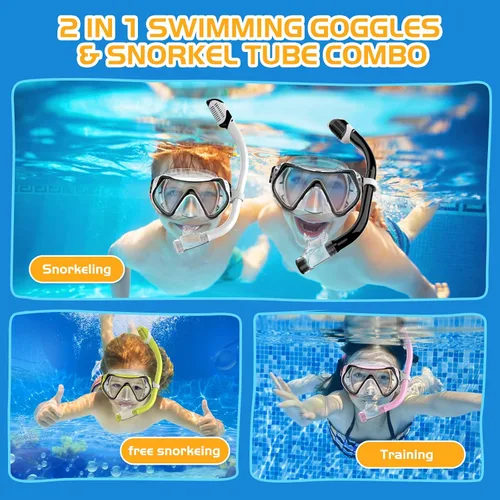 Miniatura 6 de Kids Snorkel Set Dry Top Snorkeling Gear for Kids Youth Boys Girls Junior Age 5-15,Tempered Glass Swimming Diving Mask and Snorkel Set 180 Degree