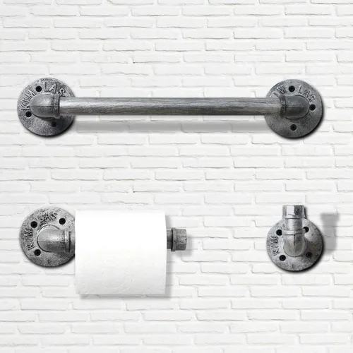 Miniatura 2 de HouseAid Juego de 3 toallas de tubo industrial, kit de toallero de acero rústico, estilo vintage, accesorios para baño, montaje en pared, plata