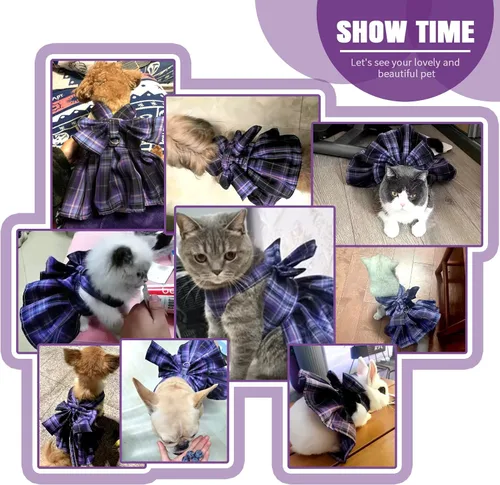 Miniatura 7 de PETCARE Vestido de perro a cuadros con pajarita y arnés para perros pequeños, gatos, niñas, lindos vestidos de princesa para perro, primavera