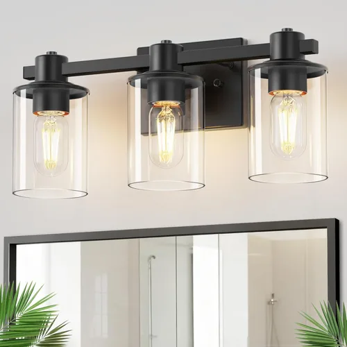 Miniatura 59 de DORESshop Lámparas de baño, 3 luces negras y doradas para baño sobre espejo con pantalla de vidrio transparente, luces de tocador para baño, Negro