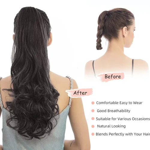 Miniatura 4 de Extensión de cabello negro con cola de caballo de 22 pulgadas de largo, rizado, ondulado, peluca sintética con clip, peluca de cola de caballo