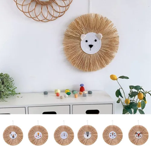 Miniatura 3 de Tapiz para colgar en la pared con cabeza de animal, tejido a mano para colgar en la pared, decoración de pared de dibujos animados, león, tigre, H