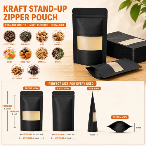 Miniatura 3 de 100 bolsas de papel kraft negro con ventana, bolsas de pie de 3.5 x 5.5 pulgadas, bolsas de almacenamiento de alimentos para productos de embalaje