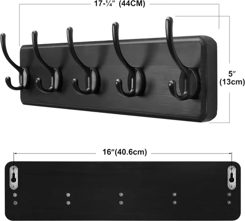 Miniatura 6 de SKOLOO Perchero rústico montado en la pared, perchero de madera maciza de pino, 5 ganchos para colgar ropa, batas, toallas, abrigos