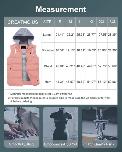 Miniatura 7 de CREATMO US Chaleco cálido para mujer, chaleco grueso acolchado sin mangas con capucha desmontable