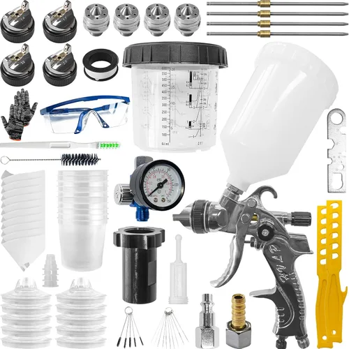 HVLP - Kit de pistola de pintura con 4 boquillas de 1.4/1.7/2.0/0.098 in y regulador de compresor de aire, 10 vasos de pintura desechables de 22.0