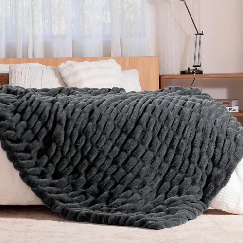 Miniatura 15 de Manta de piel sintética de conejo ultrasuave, manta esponjosa y acogedora para sofá cama, regalos de decoración de felpa cálidos y lujosos, manta
