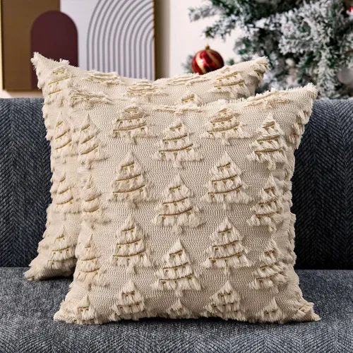 Allorry - Fundas de almohada de Navidad de 16x16 pulgadas, juego de 2, suaves y de piel sintética, decoración navideña en color beige con árbol Xmax