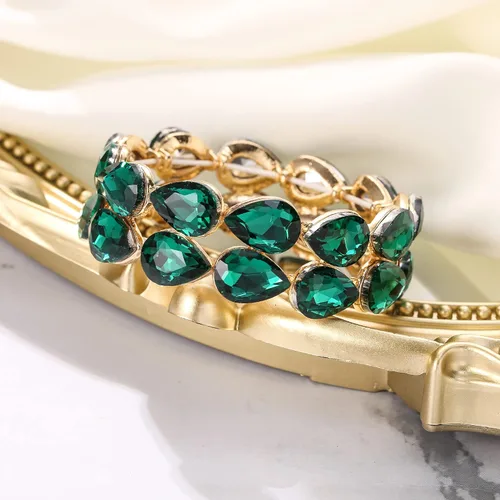 Miniatura 4 de BriLove Pulsera elástica de cristal elegante de doble fila de lágrima en forma de lágrima para novia