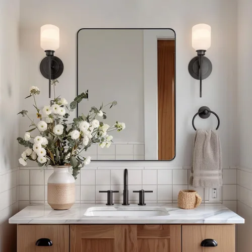 ANDY STAR Espejo de baño negro de 36 x 48 pulgadas, espejo de pared para baño, espejo rectangular redondeado en marco de metal de acero inoxidable