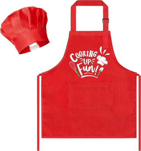 Miniatura 25 de R HORSE Juego de delantal y sombrero de chef para niños, 2 piezas, mini parrilla ajustable, delantal de cocina para niños, juego de rol, juguete