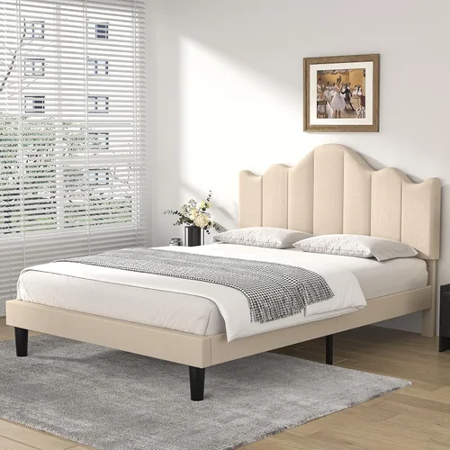 Miniatura 14 de VECELO Base de cama tamaño individual con cabecera capitoné con botones, base de cama tapizada con soporte de listones de madera, no necesita Beige