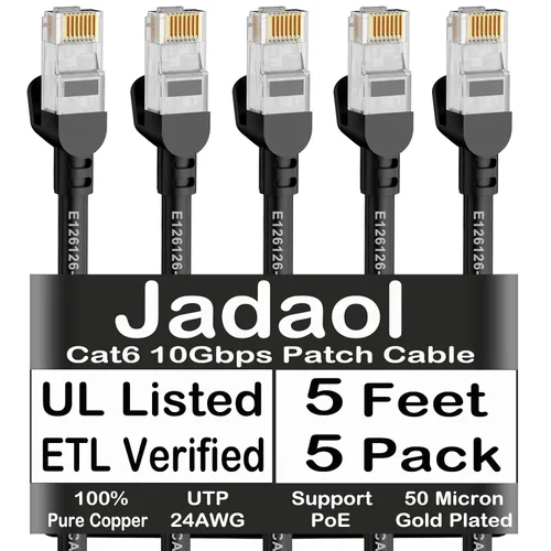 Jadaol Cables de Parche Ethernet Cat6 de 5 pies, paquete de 5 unidades, cable de parche de cobre puro RJ45 Cat6a de 10 Gbps 24 AWG, compatible con
