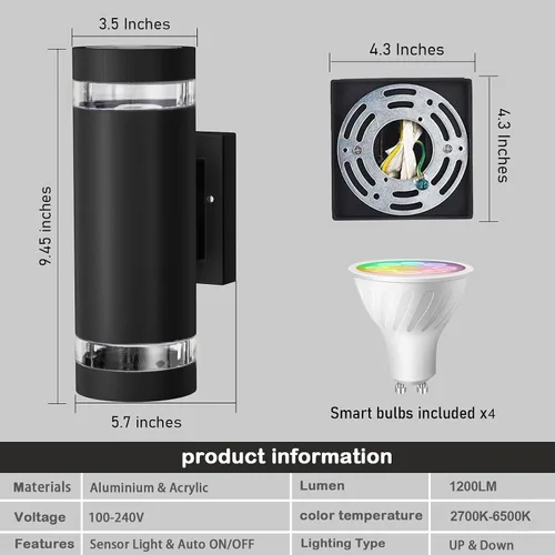 Miniatura 8 de wowlite Paquete de 2 luces RGB arriba y abajo para exteriores, luces de porche trasero, lámparas de pared al aire libre, control de aplicación WiFi