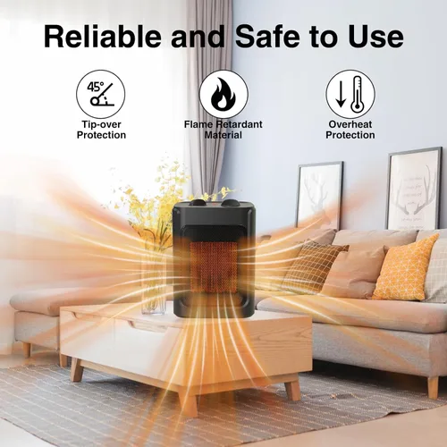 Miniatura 4 de Calentador de espacio portátil eléctrico - JNDRO 1500 W/1000 W, calentador de cerámica mini seguro y silencioso, calienta hasta 200 pies cuadrados