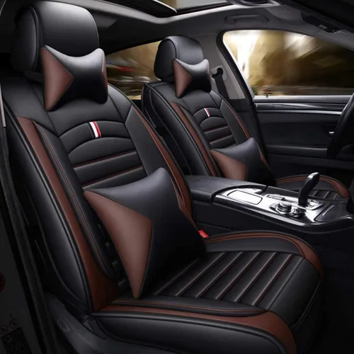 Miniatura 11 de Juego completo de fundas de cojín y almohadas de cuero sintético para asiento delantero y trasero de coche con reposacabezas y soporte de cintura, 5