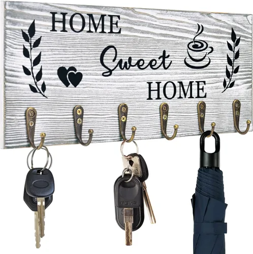 Miniatura 8 de AHYS Soporte de pared para llaves de pared, decoración de pared familiar, colgador de llaves de madera con 6 ganchos para decoración de casa